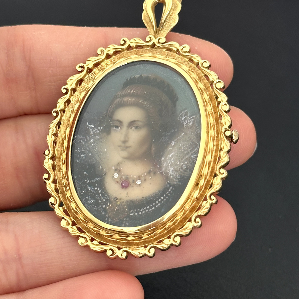 18K 750 Yellow Gold Antique Portrait Floral Scroll Framed Woman Pin Pendant - Picture 7 of 16